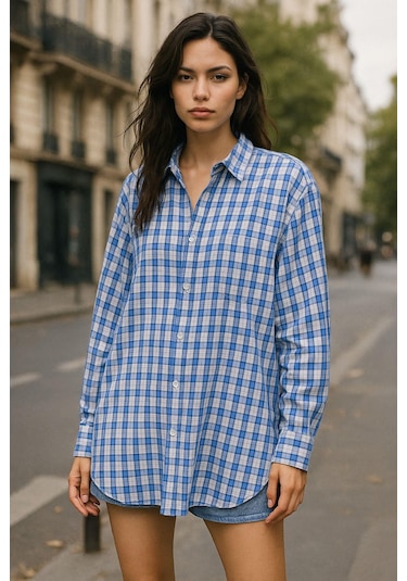 Kadın Mavi Beyaz Oversize Ekoseli Gömlek Over Fit Relaxed Gömlek Çok Renkli