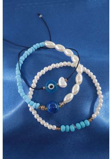 3lü Nazar Boncuklu İncili Boncuklu Asansörlü Lastikli İp Bileklik. Kadın İp Bileklik Halhal Çok Renkli