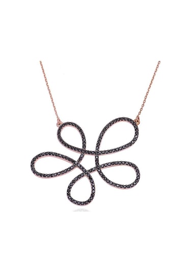 Gümüş Siyah Çiçek Kadın Kolye Rose