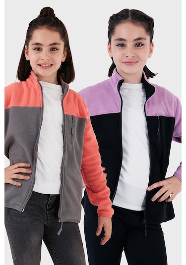 Lela Yumuşak Dokulu Fermuarlı Renk Bloklu Dik Yaka Cepli 2'Li Paket Hırka Çocuk Polar 5905001S2 Lila Siyah-Somon Gri