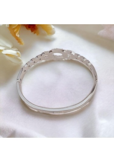 Modern Zirkon Taşlı Çelik Kelepçe Bileklik - Kararmaz Gold Kaplama Gümüş