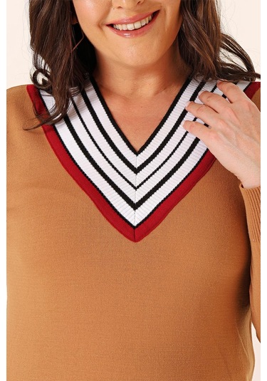 Şeritli V Yaka Büyük Beden Triko Kazak-35336-vizon Vizon