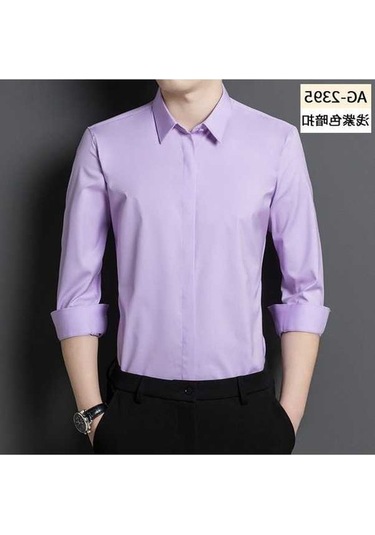 Yingfu Erkekler İçin Gizli Düğmeli, Uzun Kollu, Tek Renkli, Esnek İş Kıyafeti Gömlek Mavi Açık Mor