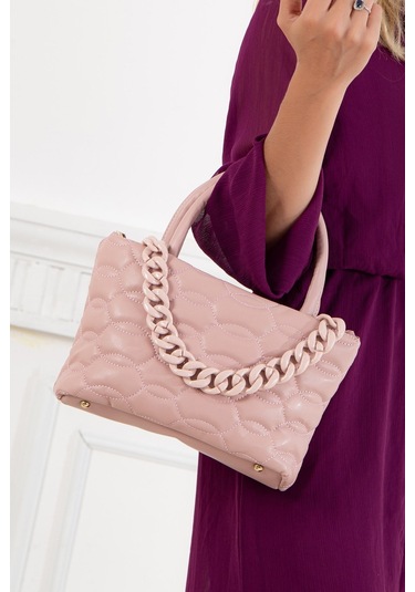 Kapitone Dikişli Zincirli Pembe Kadın Omuz Çantası-1984 - Pembe