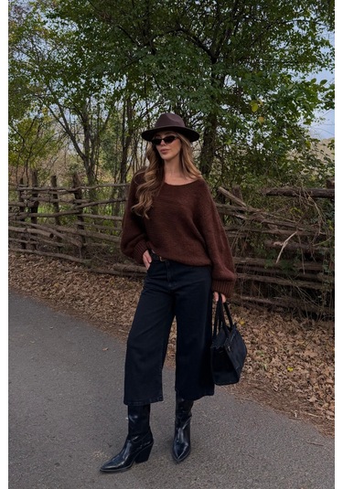 Kahverengi Kayık Yaka Kazak - 4338 Kahverengi