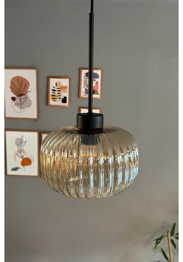 Mola Cam Bal Rengi Tekli Avize Ince Siyah Başlık Retro Sarkıt Lamba Restoran Salon Aydınlatma Bal