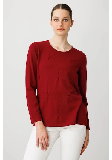 Desen Triko Kadın Sıfır Yaka Önü Pileli Boncuklu Ligralı Bluz 25095 Vişne Çürüğü Vişne Çürüğü