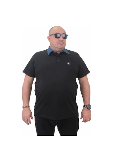 Starbattal Büyük Beden Polo Kot Yaka Tişört 23420 Sıyah-Sıyah Siyah
