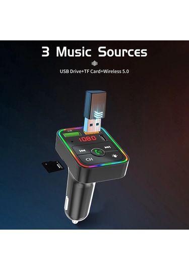 Pdf2 Ortam Işığı İle Hızlı Şarj Cihazı Fm Verici Bluetooth Eller Serbest Arama Mp3 Çalar