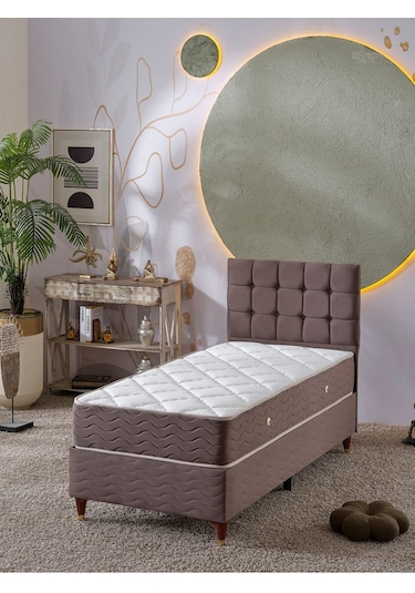 Beehanem Bengü Tek Kişilik 3lü Set Yatak+baza+başlık Kahve 90 X 190