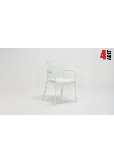 4 Adet Rattan Kollu Beyaz Sandalye Balkon Bahçe Teras Beyaz