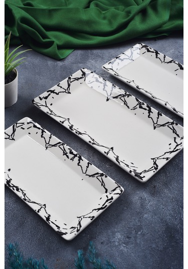 Piatti Naturali 3 Lü Mermer Seramik Kahvaltı Salata Çerezlik Seti Kayık Tabak