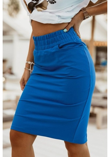 Kadın Iki Iplik Kumaş Beli Lastikli Arkası Yırtmaçlı Mıdı Boy Etek Mavi