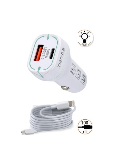 Tonex 38w 2 Girişli Type-c To Lightning Kablolu Araç Şarjı Işıklı La-38w