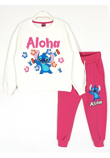 Aloha Baskılı Kız Çocuk Mevsimlik Eşofman Takımı Ekru