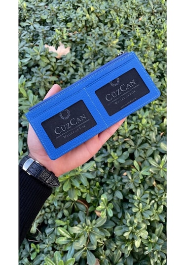 Saks Mavi Peony Hakiki Deri Telefon Cüzdanı Mavi