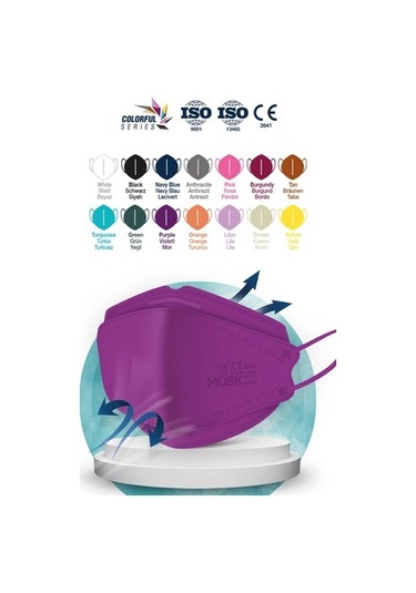 Musk Kf94 Kore Tipi N95 Maske 5 Renk 50 Adet (Pembe, Mor, Lila