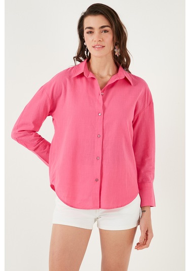 Lela Pamuklu Regular Fit Uzun Kollu Düz Bayan Gömlek Cf25S168305 Şeker Pembe