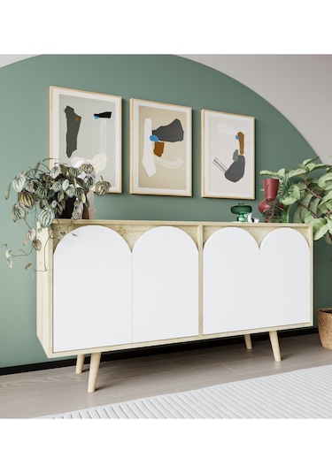 Venezia Ahşap Ayaklı Bohem Konsol Safir Meşe Gövde -beyaz Kapak 150 Cm