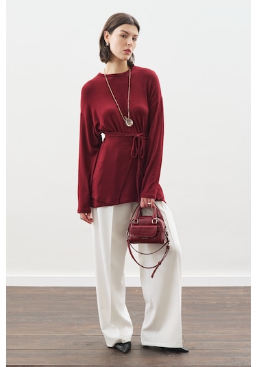 Beli Bağlama Tasarımlı Bluz Bordo Bordo