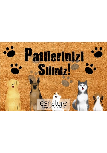 Esnature Köpek Desenli Patilerinizi Silin Yazılı Kapı Önü Paspas