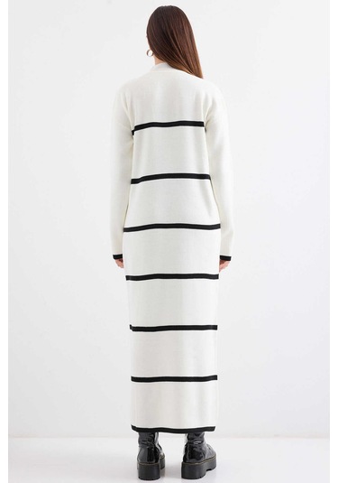 Gabria Kalın Çizgili Triko Elbise Ekru