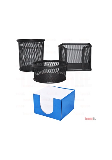 Ofis Masa Set Kalemlik + Küp Bloknot Kağ + Ataçlık 3+1 Metal File