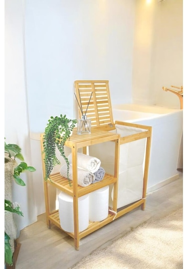 Digithome Bambu 3 Raflı Kumaş Sepetli Banyo Düzenleyici Kirli Çamaşır Sepeti D/8 Jw-22750 Naturel