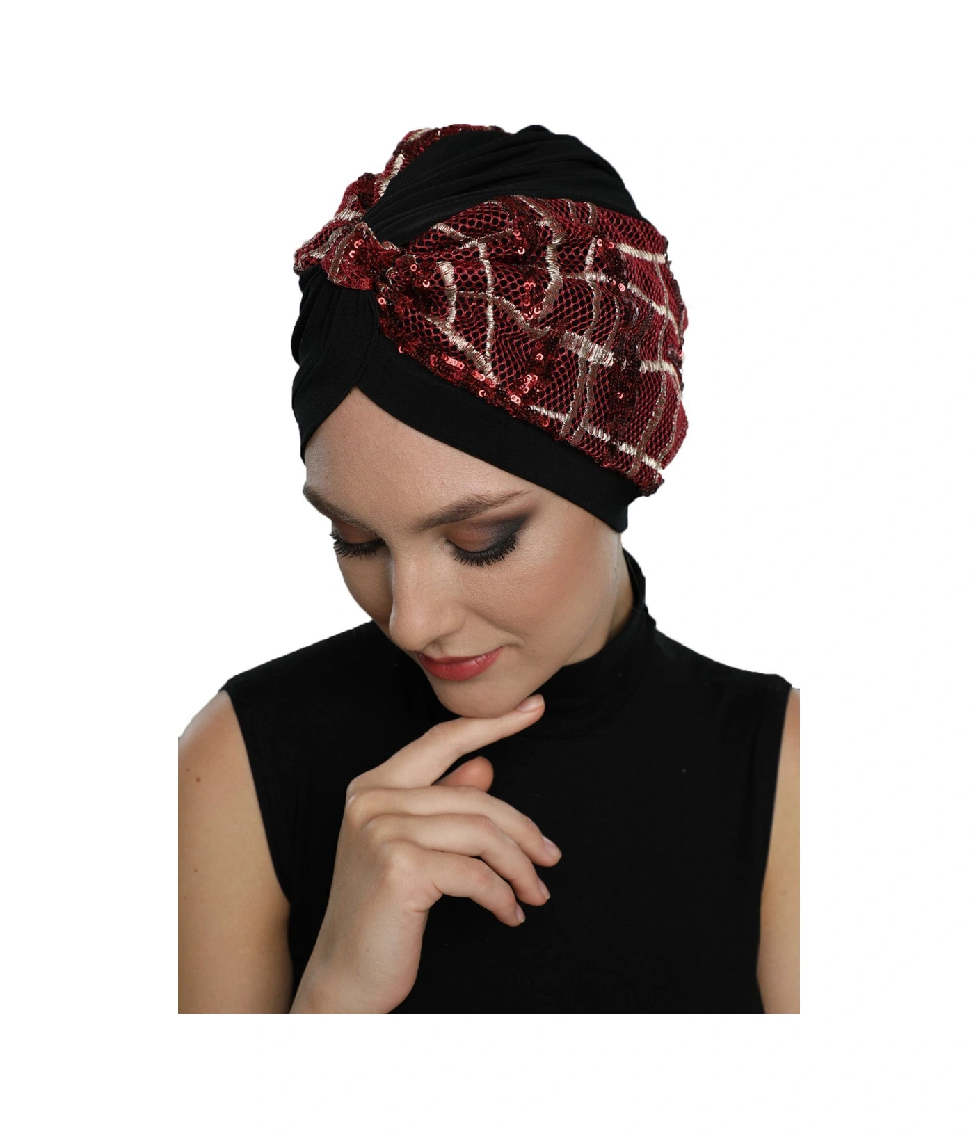 Özel Tasarım Siyah Bej-bordo Pullu Fileli Etnik Desenli Astarlı Hazır Türban Tesettür Abiye Bone Siyah22