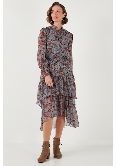 Lela Regular Fit Yaka Detaylı Volanlı Şifon Midi Bayan Elbise 611El1448 Mavi