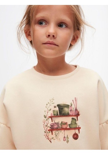 Kız Çocuk Pamuklu İki İplik Önü Baskılı Sweatshirt-14712 KREM