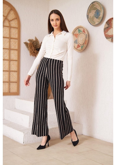 Darlin Moda Siyah Çizgili Krep Pantolon DM48325 Siyah