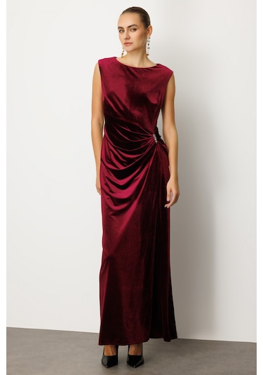 Ekol Kadın Beli Büzgülü Maxi Kadife Elbise 4141 Bordo Bordo