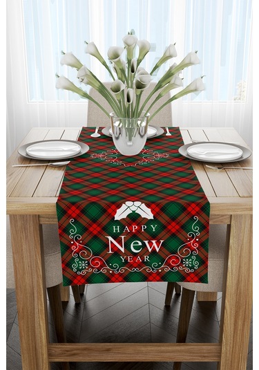 Kırmızı Yeşil Yılbaşı Temalı Ekose Desenli Dijital Baskılı Runner N11.588