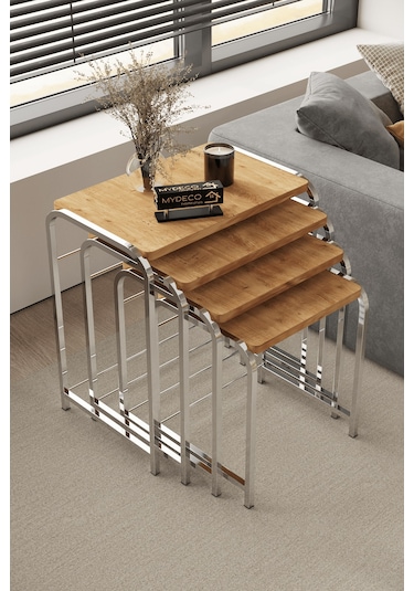 Defne 4' Lü Zigon Sehpa Gümüş Ayak Atlantik Çam 18 Mm Mdf Gümüş - Atlantik Çam