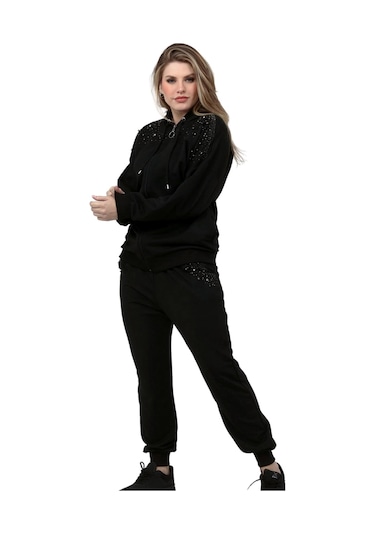 Taş Baskılı İncili Eşofman Takım Siyah