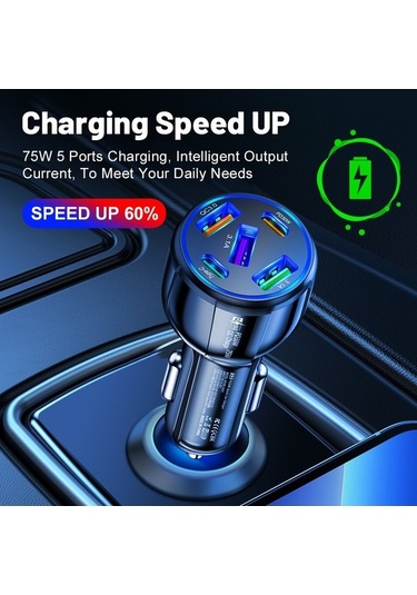 Createtech Telefonu Siyah Şarj Hızlı Hatlı Cihazı Çift Cep Araç 75w 3usb 2pd + Vg