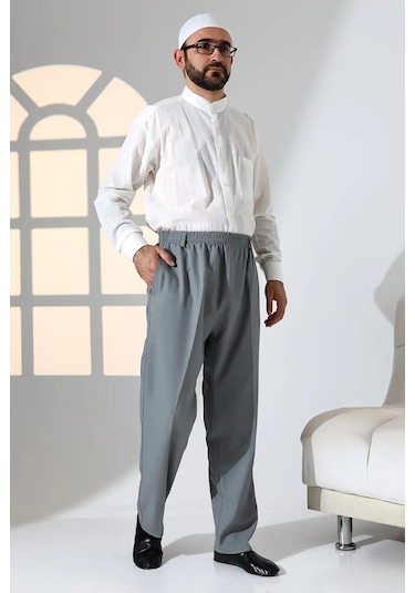 Erkek Rahat Kesim Beli Lastikli Cepli Hac Ve Umre Kumaş Şalvar Pantolon - Gri Krk Gri