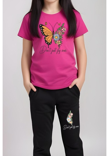 Don't Just Fly Baskılı Kız Çocuk Tişört Ve Eşofman Alt-üst Takım Fuşya