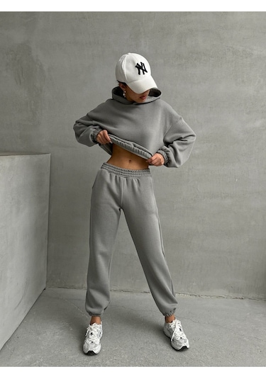 Kadın Pamuklu İçi Polarlı Basic Eşofman Takımı Gri