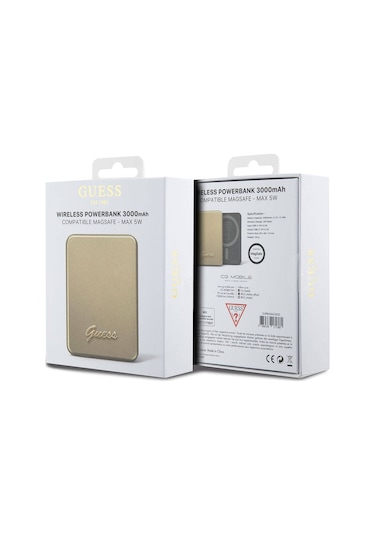 Guess Lisanslı Magsafe Şarj Özellikli Metal Yazı Logolu Powerbank 3000mah 5w Gold