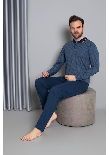 Erkek Düğmeli Desenli Uzun Kollu Pijama Takımı 16585 Mavi Mavi