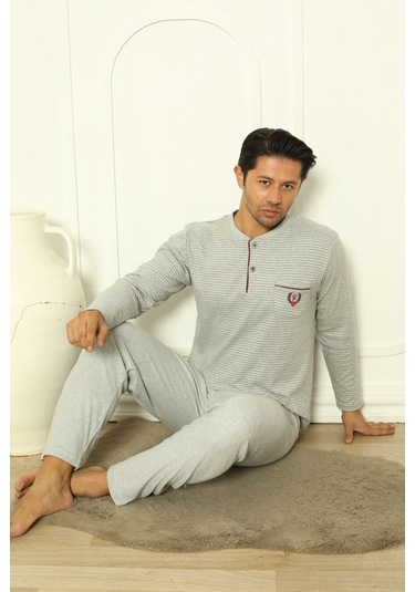 Falkom 5004 İnterlok Kalın Kışlık Çizgili Erkek Ev Pijama Takımı Gri
