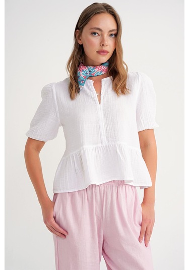 4713 Kadın Beli Büzgülü Kolu Lastikli Bol Müslin Bluz Beyaz Beyaz