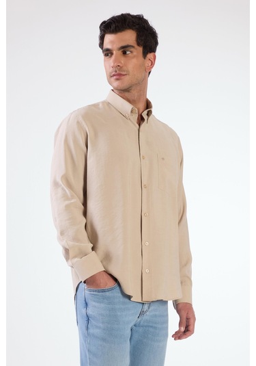 Bej Modal Düz Renk Regular Fit Erkek Gömlek Bej