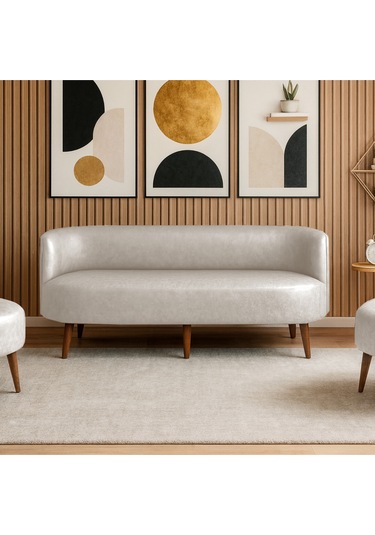 Sydney Üçlü Koltuk Kanepe Deri Kumaş - Ahşap Ayak Ev & Ofis Kullanımı - Krem Krem