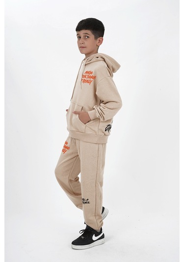 Erkek Çocuk Üç İplik Şardonsuz Kumaş Baskılı Kapüşonlu Eşofman Takımı Bej