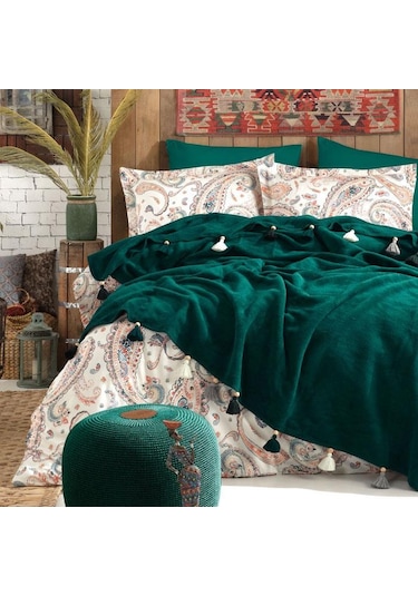 İyi Geceler İstanbul Boho Chic Çift Kişilik Battaniyeli Nevresim Seti Zümrüt Yeşil