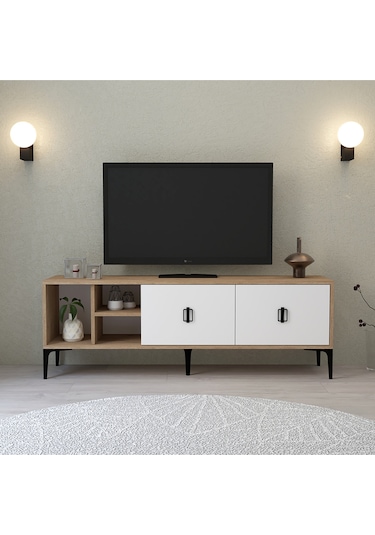3504 Era Tv Ünitesi 150 Cm Kapaklı Raflı Sepet - Beyaz Tv Sehpası Beyaz - Sepet