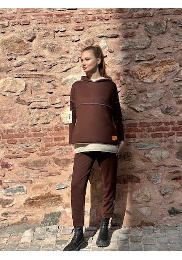 Modaserdem Kadın Kahve Kapşonlu Etek Ucu Detay Arma Ters Dikiş Gorunumlu Ikili Takım Kahve